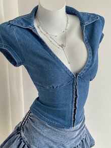 SHEIN 针织牛仔短袖纽扣紧身衣 - 藍色 - 查看 4