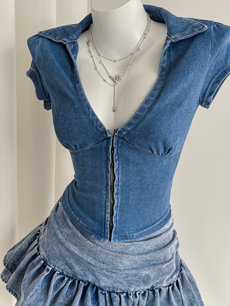 SHEIN ملابس علوية كنزة جينز ضيق بأكمام قصيرة وأزرار - الأزرق - مشاهدة 5