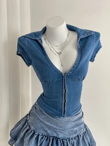 SHEIN 针织牛仔短袖纽扣紧身衣 - 藍色 - 查看 6