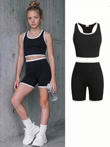 SHEIN Tween Girl Tween Girl Tween Girls Activewear Knit Black And White Colorblock Tank Top And Shorts Casual Set - Black and White - View 8