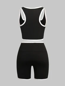 SHEIN Tween Girl Tween Girl Tween Girls Activewear Knit Black And White Colorblock Tank Top And Shorts Casual Set - Black and White - View 4