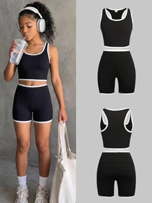 SHEIN Tween Girl Tween Girl Tween Girls Activewear Knit Black And White Colorblock Tank Top And Shorts Casual Set - Black and White - View 2