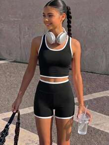 SHEIN Tween Girl Tween Girl Tween Girls Activewear Knit Black And White Colorblock Tank Top And Shorts Casual Set - Black and White - View 1