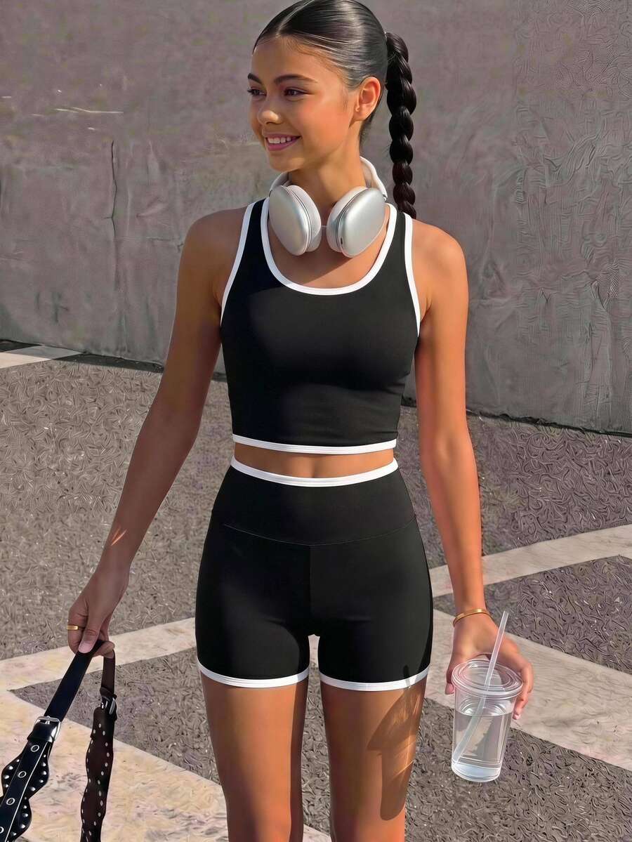SHEIN Tween Girl Tween Girl Tween Girls Activewear Knit Black And White Colorblock Tank Top And Shorts Casual Set - Black and White - View 1