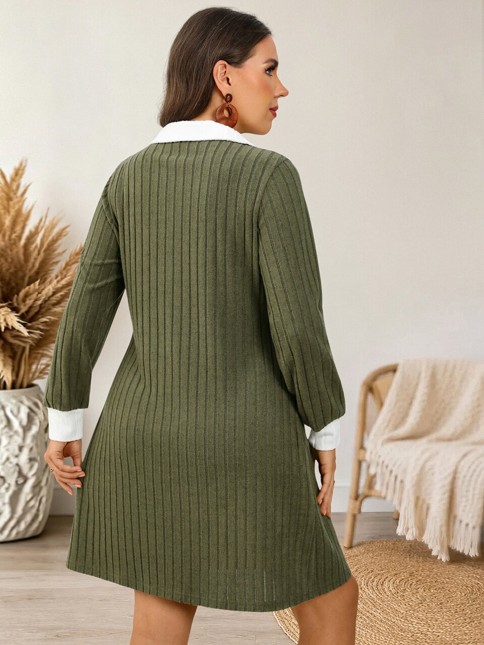 Plus Size Autumn Casual Color Block Patchwork Dress Fall