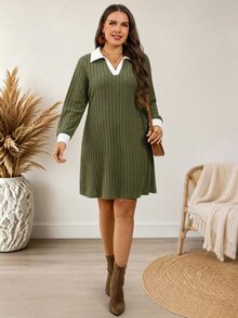 EMERY ROSE فستان مقاس كبير خريفي كاجوال تقليدي من العشرينات أنيق بتصميم كتل لونية ورقعات خريفية رسمي للمعلمة والنادي والعطلات والمكتب والمنتجع باللون الأخضر الزيتوني - أخضر - مشاهدة 4