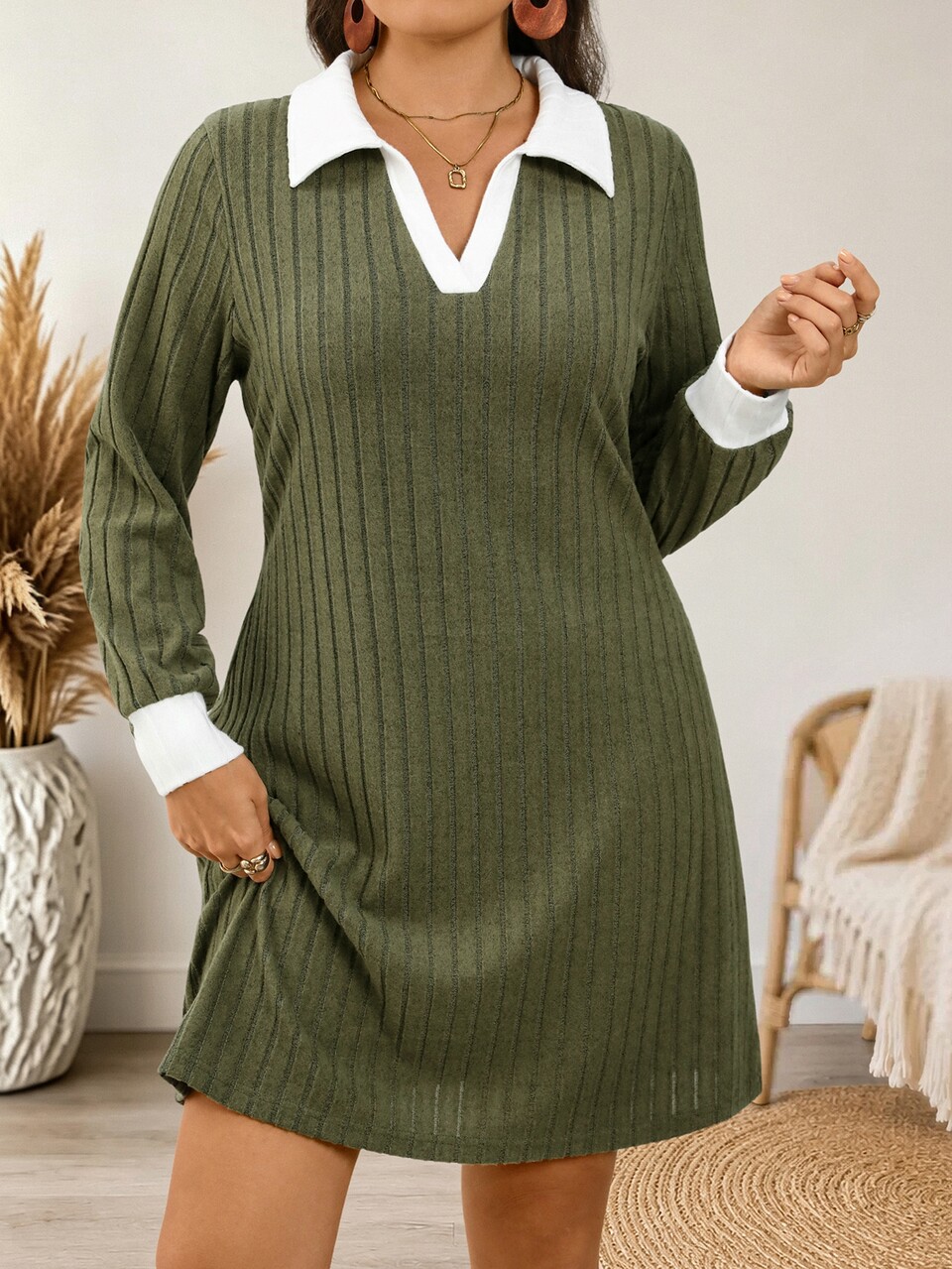 Plus Size Autumn Casual Color Block Patchwork Dress Fall