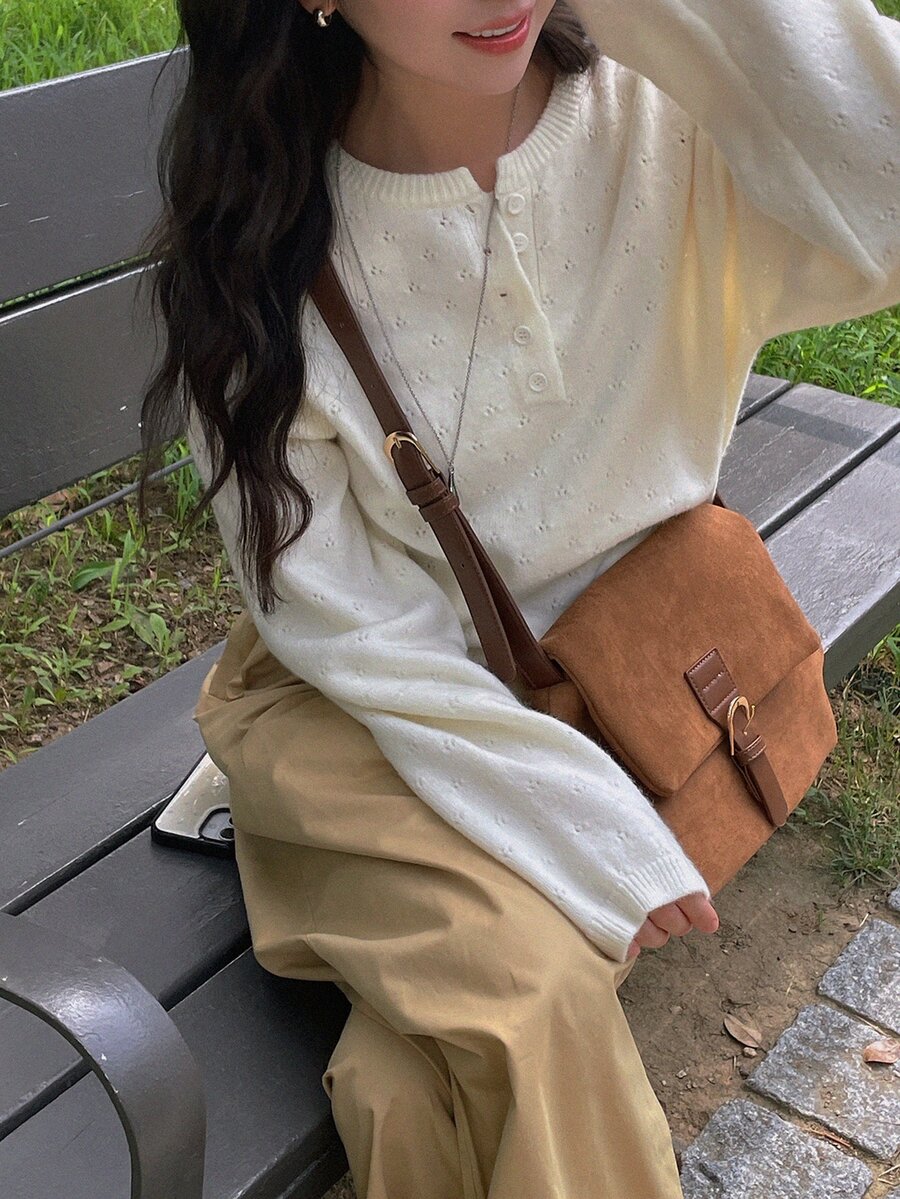 DAZY Women's Solid Color Loose Hollow Round Neck Long Sleeve Casual Holiday Autumn/Winter Pullover Knit Sweater Vacation - White - View 1