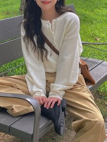 DAZY Women's Solid Color Loose Hollow Round Neck Long Sleeve Casual Holiday Autumn/Winter Pullover Knit Sweater Vacation - White - View 6