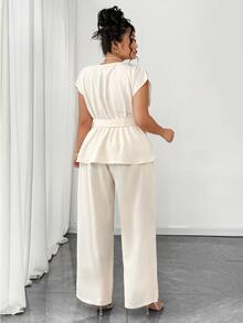 Elenzga Plus Size Simple V-Neck Pleated Tie Tank Top And Loose Wide Leg Pants Set - Apricot - View 3