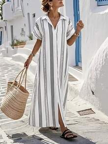 SHEIN Plus Size Versatile Vacation Premium Striped Dress - Multicolor - View 4