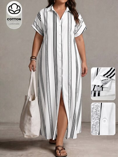 SHEIN Plus Size Versatile Vacation Premium Striped Dress Formal White Summer Casual Traditional