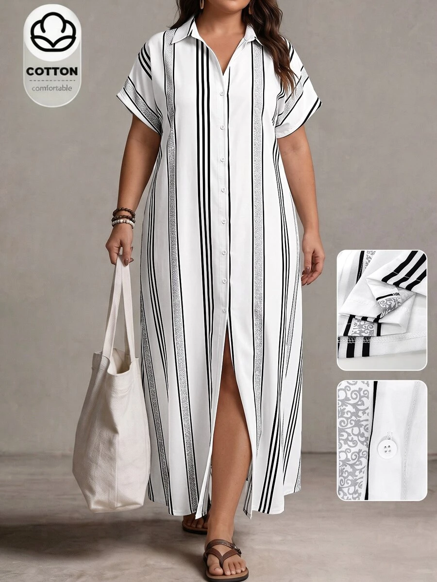 SHEIN Plus Size Versatile Vacation Premium Striped Dress - Multicolor - View 1