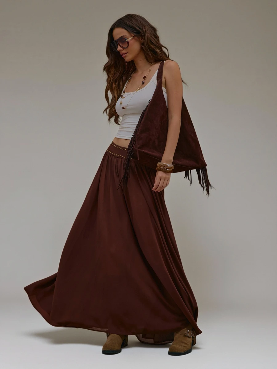 MUSERA Brown Woven Studded Waistband Balloon Trousers Summer Autumn Everyday Date Night Holiday Vacation Dazed - Chocolate Brown - View 1
