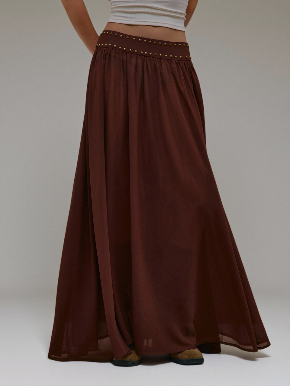 Brown Woven Studded Waistband Balloon Trousers
