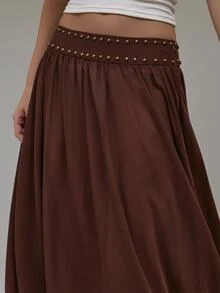 MUSERA Brown Woven Studded Waistband Balloon Trousers Summer Autumn Everyday Date Night Holiday Vacation Dazed - Chocolate Brown - View 5