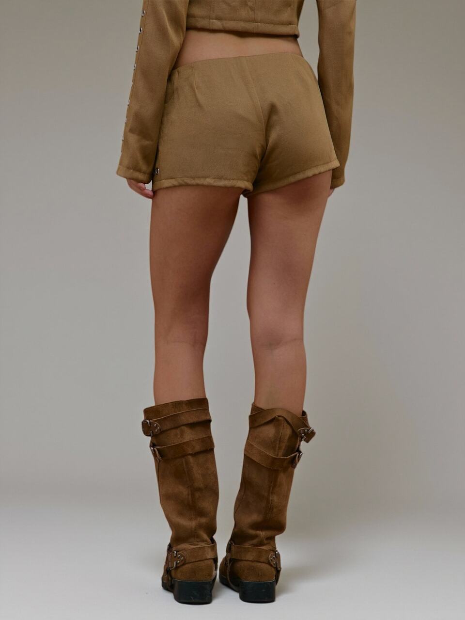 Beige PU Eyelet Studded Micro Mini Short