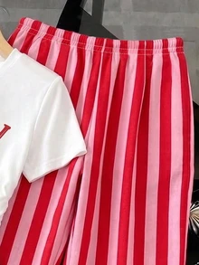 Tween女孩 2件式針織T恤與長褲套裝，休閒日常時尚百搭 - 彩色 - 查看 5