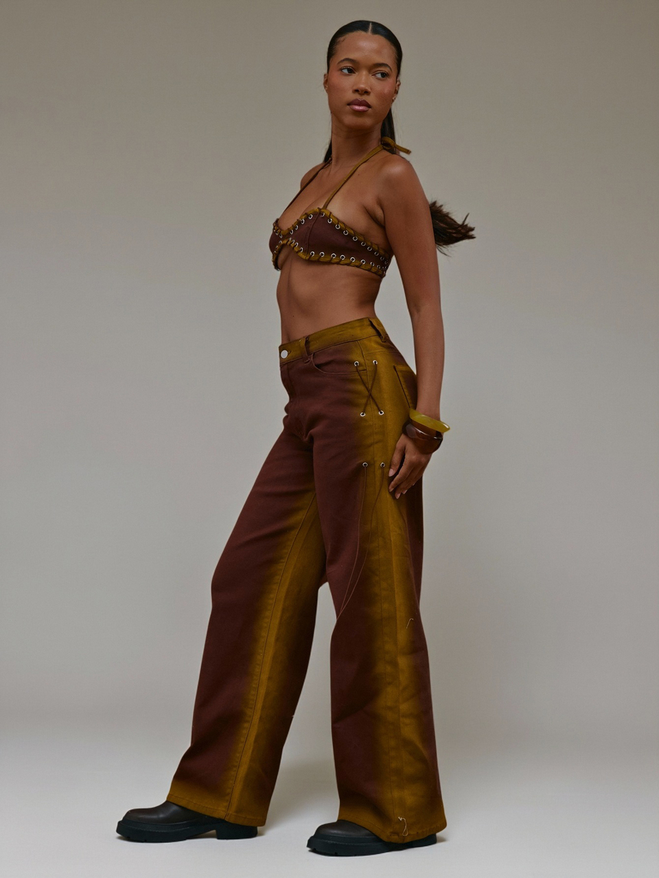 Ensemble Top Court Dégradé Marron et Jean Jambe Large Été Automne Quotidien Soirée Rendez-vous Vacances Dazed