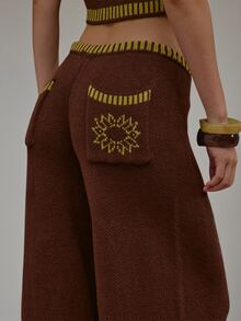 MUSERA Celana Panjang Rajut Cokelat dengan Pinggang Kontras dan Potongan Lebar untuk Musim Gugur, Musim Dingin, Sehari-hari, Liburan, dan Liburan. - Coklat - View 5