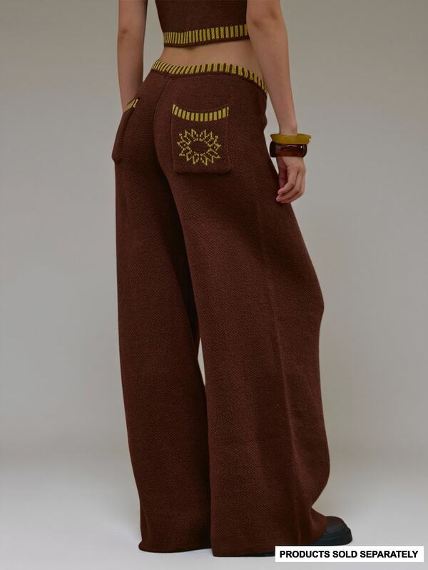 MUSERA Brown Knit Contrast Waistband Wide Leg Trousers  Summer Autumn Everyday Date Night Holiday Vacation Dazed