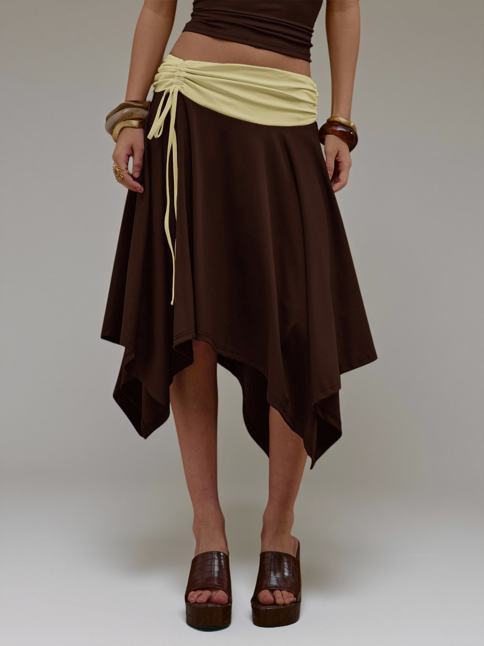 Brown Slinky Hanky Hem Contrast Waistband Midi Skirt Summer Autumn Everyday Date Night Holiday Vacation Dazed