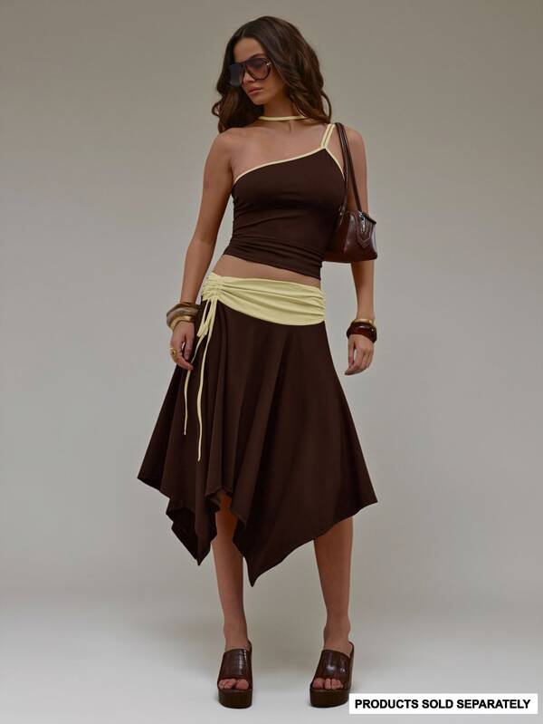MUSERA Brown Slinky Hanky Hem Contrast Waistband Midi Skirt Summer Autumn Everyday Date Night Holiday Vacation Dazed