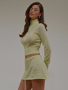 MUSERA Pale Green Knit Sunflower High Neck Zip Up Top Summer Autumn Everyday Date Night Holiday Vacation Dazed Casual Streetwear - Yellow - View 3