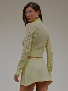 MUSERA Pale Green Knit Sunflower High Neck Zip Up Top Summer Autumn Everyday Date Night Holiday Vacation Dazed Casual Streetwear - Yellow - View 4