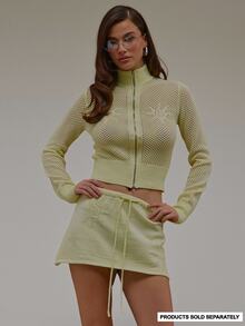 MUSERA Pale Green Knit Sunflower High Neck Zip Up Top Summer Autumn Everyday Date Night Holiday Vacation Dazed Casual Streetwear - Yellow - View 1