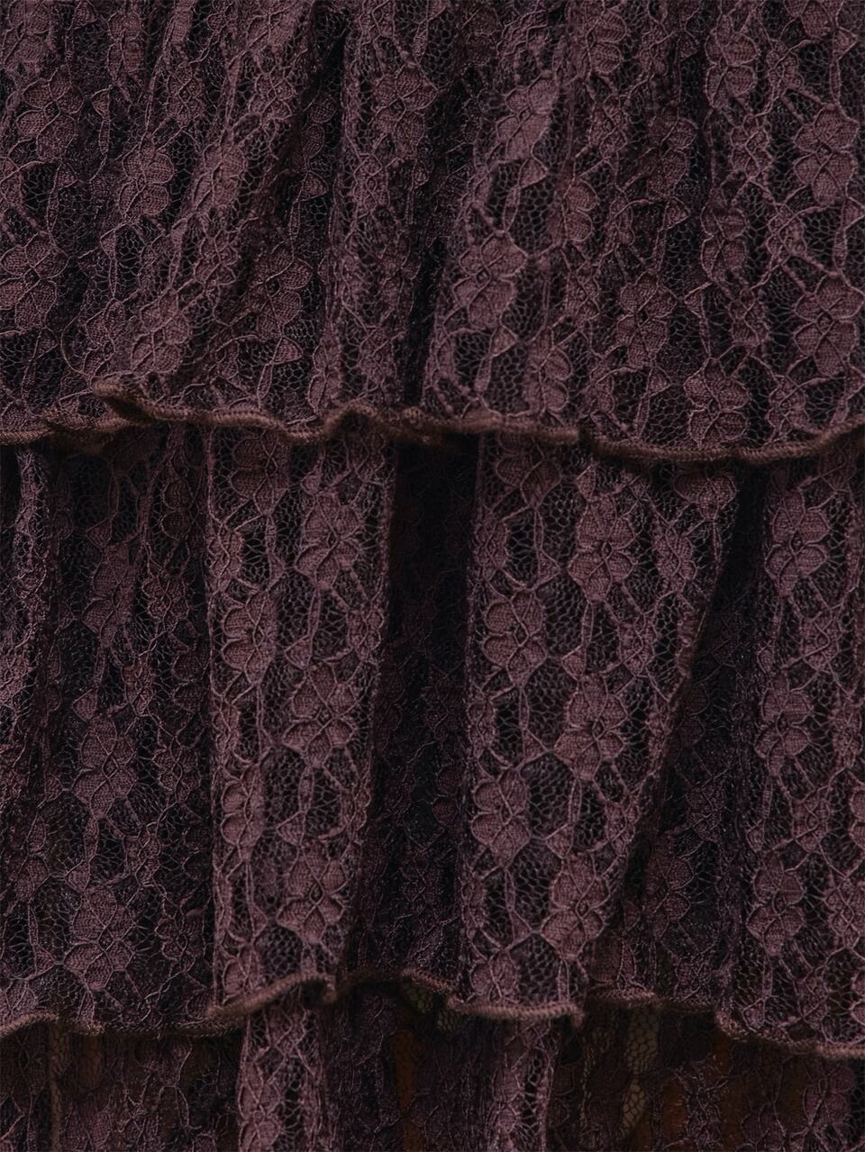 Brown Lace Bardot Long Sleeve Top With Tiered Drape Skirt Set