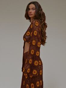 MUSERA Brown Sunflower Crochet Knit Crochet Top Only Summer Autumn Everyday Date Night Holiday Vacation Dazed - Brown - View 3