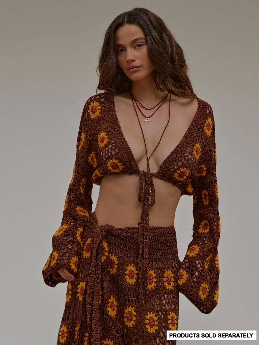 MUSERA Brown Sunflower Crochet Knit Crochet Top Only Summer Autumn Everyday Date Night Holiday Vacation Dazed - Brown - View 1