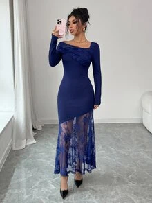 Modelyn 女款蕾絲拼接優雅時尚中長洋裝 - 寶藍色 - 查看 7