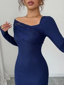 Modelyn 女款蕾絲拼接優雅時尚中長洋裝 - 寶藍色 - 查看 3
