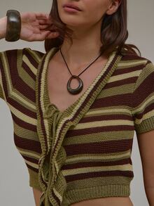MUSERA Green Striped Knit Cardigan Mini Short Set Sold As Set Summer Autumn Everyday Date Night Holiday Vacation Dazed - Multicolor - View 3