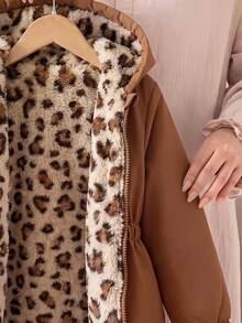 SHEIN 1件女童冬季粉色花卉保暖內裡拉鍊連帽外套，彈性腰頭，加厚保暖休閒西式通勤百搭簡約時尚夾克 - 棕色 - 查看 3