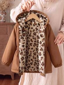 SHEIN 1件女童冬季粉色花卉保暖內裡拉鍊連帽外套，彈性腰頭，加厚保暖休閒西式通勤百搭簡約時尚夾克 - 棕色 - 查看 1