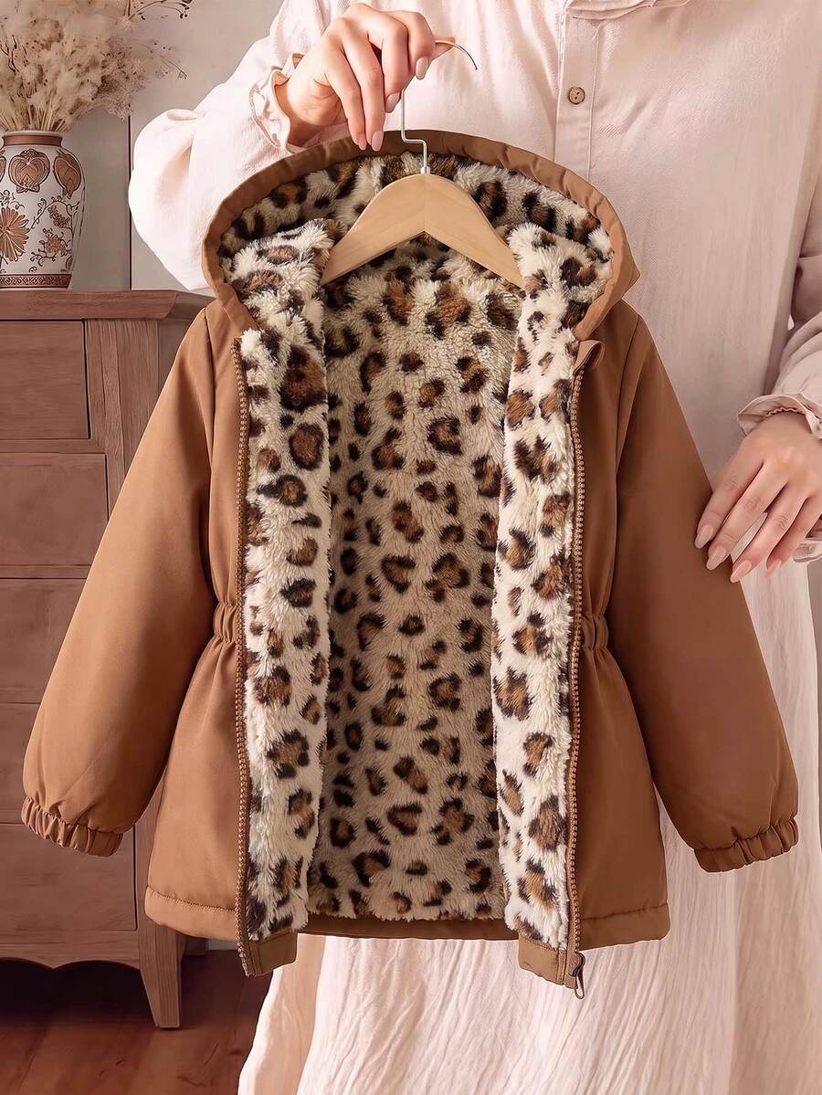 SHEIN 1件女童冬季粉色花卉保暖內裡拉鍊連帽外套,彈性腰頭,加厚保暖休閒西式通勤百搭簡約時尚夾克 - 棕色 - 查看 1