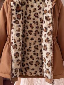 SHEIN 1件女童冬季粉色花卉保暖內裡拉鍊連帽外套，彈性腰頭，加厚保暖休閒西式通勤百搭簡約時尚夾克 - 棕色 - 查看 5