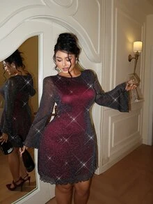GalTyme Plus Size Bell Sleeve Glitter Mesh Dress Date Night Club Burgundy Autumn Sexy Party Fall - Multicolor - View 4