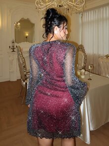 GalTyme Plus Size Bell Sleeve Glitter Mesh Dress Date Night Club Burgundy Autumn Sexy Party Fall - Multicolor - View 2