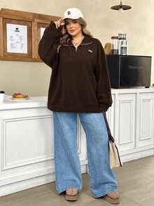 SHEIN CURVE+ Chocolate Brown Plus Size Women's Letter Print Lamb Fleece Sweatshirt, Autumn/Winter - Brown - View 4