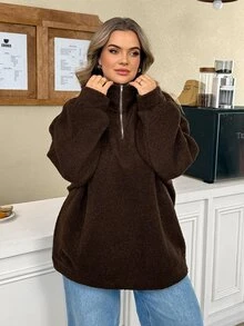 SHEIN CURVE+ Chocolate Brown Plus Size Women's Letter Print Lamb Fleece Sweatshirt, Autumn/Winter - Brown - View 6