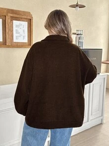 SHEIN CURVE+ Chocolate Brown Plus Size Women's Letter Print Lamb Fleece Sweatshirt, Autumn/Winter - Brown - View 2