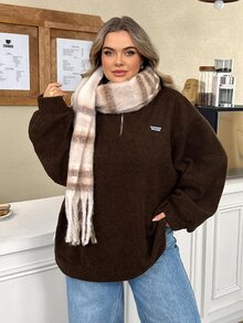 SHEIN CURVE+ Chocolate Brown Plus Size Women's Letter Print Lamb Fleece Sweatshirt, Autumn/Winter - Brown - View 3