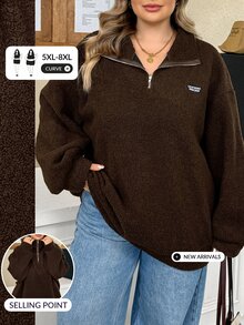 SHEIN CURVE+ Chocolate Brown Plus Size Women's Letter Print Lamb Fleece Sweatshirt, Autumn/Winter - Brown - View 1
