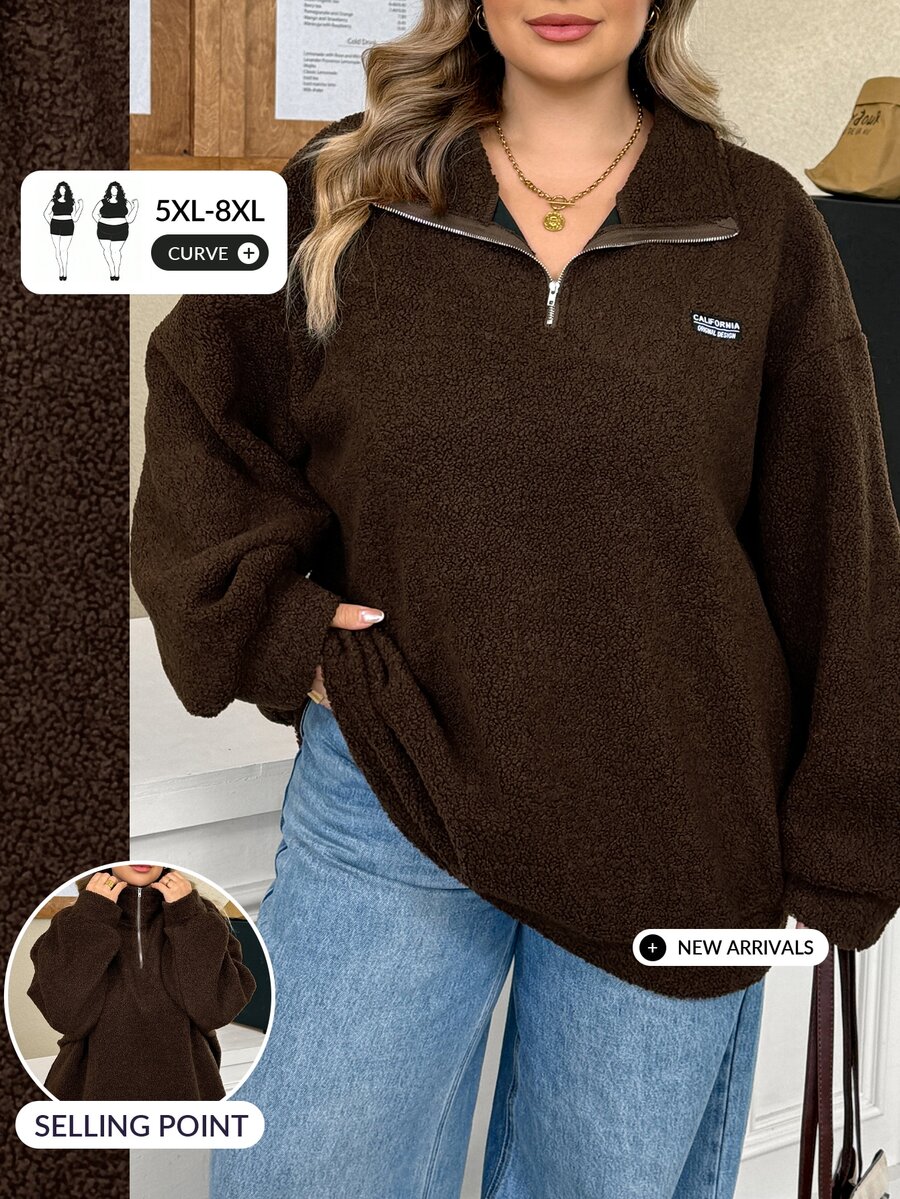 SHEIN CURVE+ Chocolate Brown Plus Size Women's Letter Print Lamb Fleece Sweatshirt, Autumn/Winter - Brown - View 1