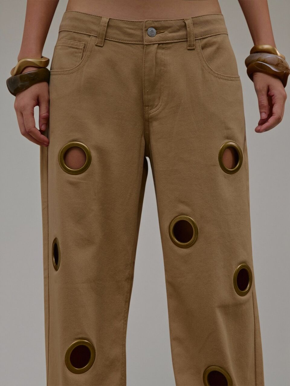 Beige Denim Eyelet Studded Flared Jeans Summer Autumn Everyday Date Night Holiday Vacation Dazed