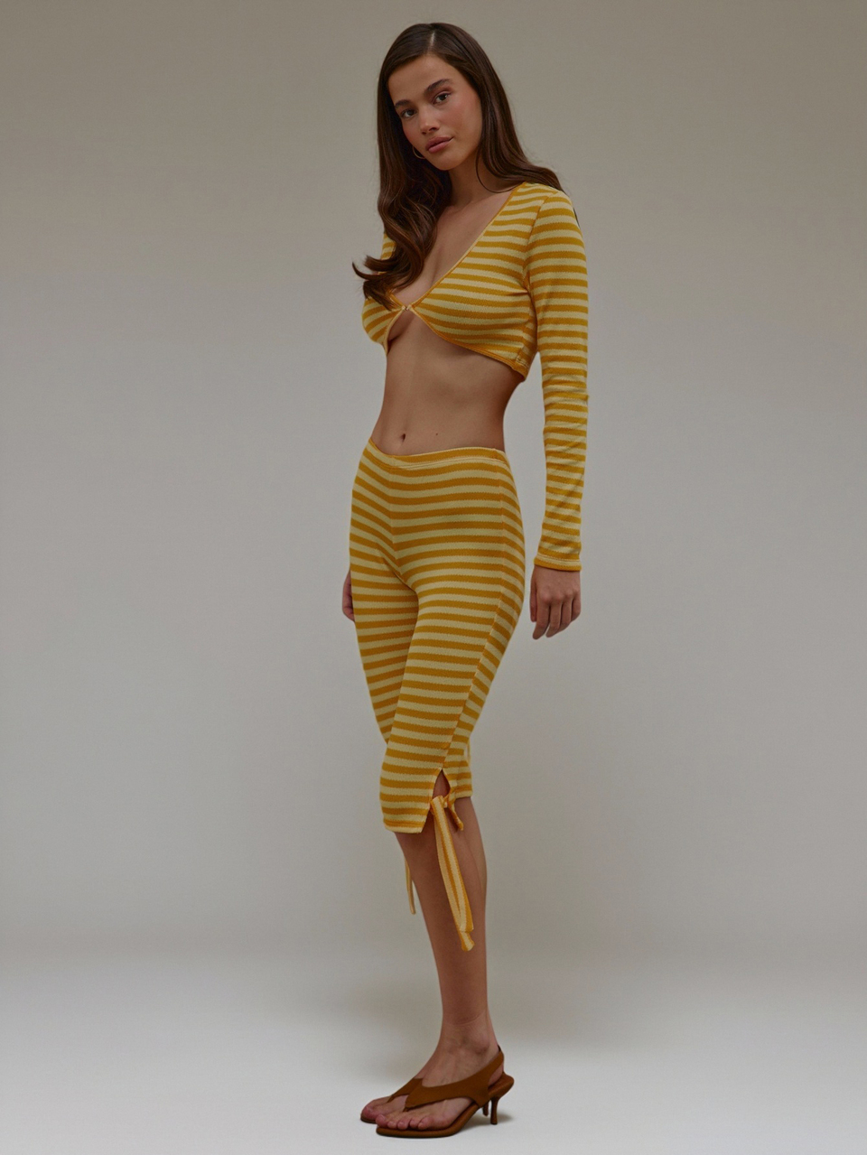 Gelb gestreiftes Jersey Crop Langarm mit Caprihose Set, als Set verkauft, Sommer Herbst Alltag Date Night Urlaub Ferien Dazed